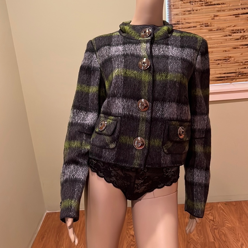 Green Gray Black Plaid jacket With 4 Snap Buttons Lined Size 12